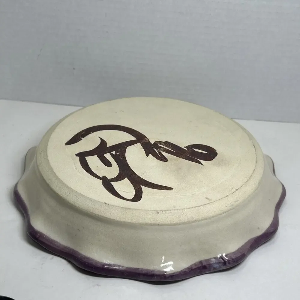 Art Pottery Pie Dish Purple Kitty Cat Ruffled Edge Signed Ceramic 10